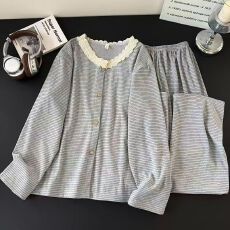 批发冬季女士款家居服双长开衫花边圆领带固定胸垫睡衣保暖德绒可外穿