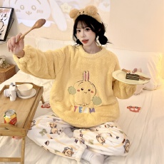 批发冬季<b class='q'>女士</b>双长圆领可爱卡通绣花保暖睡衣法兰绒保暖柔软家居服