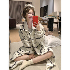 批发冬季少女ins风长袖睡袍开扣款睡衣长毛绒舒适保暖创意休闲家居服