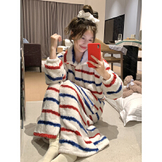 批发冬季少女ins风长袖睡袍开扣款睡衣长毛绒舒适保暖创意休闲家居服
