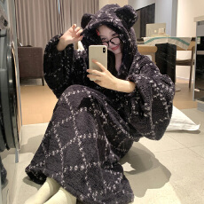 批发冬季少女ins风长袖连帽大睡袍长毛绒舒适柔软保暖简约宽松家居服