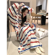 批发冬季少女ins风长袖连帽大睡袍长毛绒舒适柔软保暖简约宽松家居服