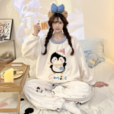 批发冬季<b class='q'>女士</b>新款双长圆领可爱卡通绣花保暖睡衣法兰绒保暖柔软家居服