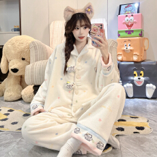 批发冬季新款少女ins风双长开衫睡衣法兰绒<b class='q'>保暖</b>舒适卡通印花图家居服