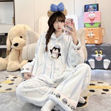 批发冬季新款少女ins风双长开衫睡衣法兰绒<b class='q'>保暖</b>舒适卡通印花图家居服
