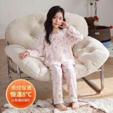 批发冬季新款儿童装双长开衫圆领睡衣花边德绒保暖舒适可爱家居服