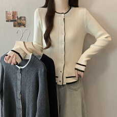 批发实拍春夏藏青色毛衣新款2026<b class='q'>大码</b>胖mm韩系小香风撞色长袖<b class='q'>针织</b><b class='q'>开衫</b>