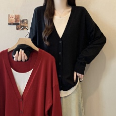 批发实拍~黑色<b class='q'>假两件</b>V领针织开衫秋季新款大码胖mm显瘦拼接中长款上衣