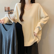 批发实拍~25秋冬大码胖mm宽松遮肉显瘦V领中<b class='q'>长款</b>针织衫毛衣女打底内搭