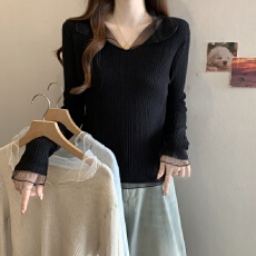 批发实拍~韩系黑色网纱拼接V领<b class='q'>长袖</b>针织衫女2026春秋修身内搭打底上衣