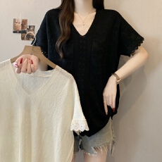 批发实拍~2026夏新款<b class='q'>大码</b><b class='q'>胖</b><b class='q'>mm</b><b class='q'>正</b>肩V领针织衫女显瘦遮肚慵懒风短袖上衣