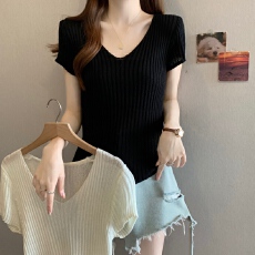 批发实拍~2026夏新款<b class='q'>大码</b><b class='q'>胖</b><b class='q'>mm</b><b class='q'>亚麻</b>弹力修身显瘦气质V领坑条凉凉针织衫