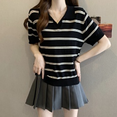 批发实拍V领短袖冰丝T恤Polo领女夏季大码条纹打底衫胖mm遮肚显瘦上衣
