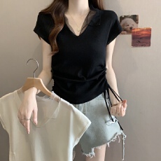 批发实拍2026夏季新款大码胖mm显瘦抽绳针织<b class='q'>上衣</b>V领正肩<b class='q'>网纱</b>短袖T恤女