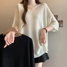 批发<b class='q'>实拍</b>~V领短袖冰丝T恤女夏2026<b class='q'>大码</b>胖mm宽松遮肚子慵懒风上衣打底