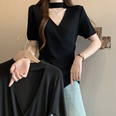 批发<b class='q'>实拍</b>2026夏季新款<b class='q'>大码</b>胖mm小众交叉V领短袖T恤女韩式正肩修身上衣