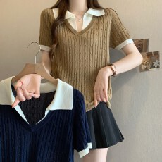 批发实拍~高级感polo领正肩针织衫短袖T恤女2026<b class='q'>夏</b>大码胖mm假两件上衣