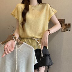 批发实拍~奶黄色正肩薄款针织T恤女2026新款<b class='q'>夏</b>大码胖mm显瘦收腰上衣