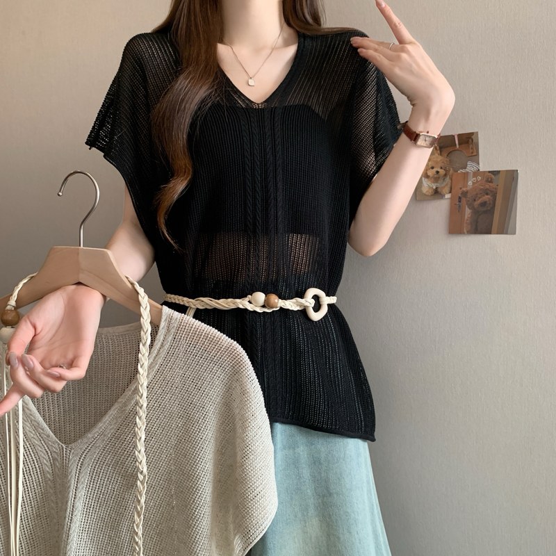 실사 홀로우 아웃 V넥 반팔 얼음 실크 티셔츠 여성 여름 빅 사이즈 지방 mm 불규칙 슬림해 보이는 허리 수축 외부 가져 가라. 블라우스
