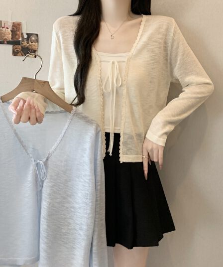 실사 2026 빅 사이즈 지방 mm 얇은 스타일 얼음 실크 자외선 차단 니트 오픈 가디건 여성 표지 배 긴팔 외부 가져 가라. 슬립 드레스 맨위