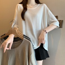 批发实拍~26夏大码胖mm冰丝T恤<b class='q'>打底衫</b>女薄款针织衫<b class='q'>宽松</b>慵懒风显瘦上衣