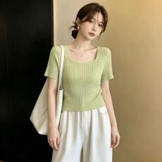 批发<b class='q'>实拍</b>大码法式冰丝针织衫方领短袖小众设计感内搭T恤上衣打底衫女