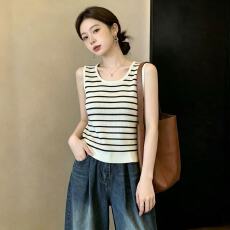 批发实拍~大码女装<b class='q'>夏</b>季U领冰丝凉感条纹显瘦遮肉无袖背心外搭打底修身