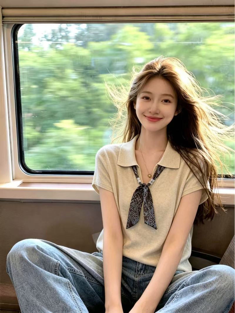 실사 오래된 돈 바람 스카프 POLO 칼라 반팔 티셔츠 여성 2026 여름 빅 사이즈 지방 mm 슬림해 보이는 고유 한 아름다운 맨위