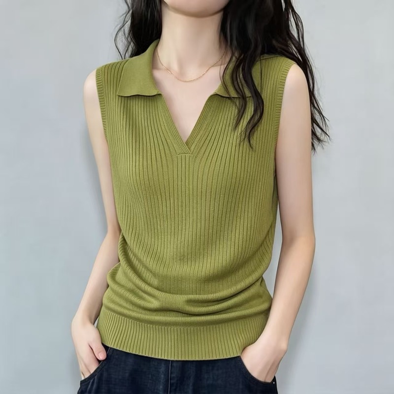 실사 POLO 셔츠 니트 조끼 여성 인사이드 가져 가라. 여름 외출용 빅 사이즈 지방 mm 2026 몸매 가꾸기 슬림해 보이는 V넥 만나는