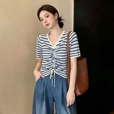 批发实拍~大码冰丝T恤短袖女夏季胖mm显瘦正肩V领针织抽绳短款上衣