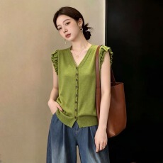 批发实拍~夏季V领花边冰丝不规则纽扣针织开衫2026大码胖mm宽松<b class='q'>外套女</b>