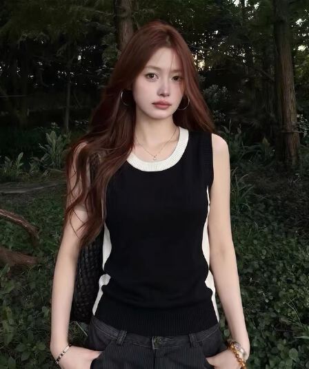 실사 프랑스식 배색 라운드 넥 니트 조끼 여성 2026 여름 빅 사이즈 지방 mm 고급 센스 슬림해 보이는 민소매 맨위