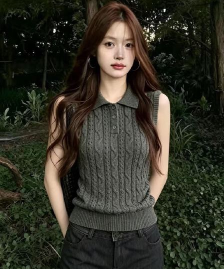 실사 항구 바람 레트로 POLO 칼라 얼음 실크 니트 조끼 여성 여름 빅 사이즈 지방 mm 폴로 칼라 홀로우 아웃 민소매 맨위