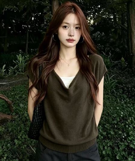 실사 다용도 흔들다 칼라 뒤로 스트랩 반팔 티셔츠 여성 2026 여름 빅 사이즈 지방 mm 루즈핏 슬림해 보이는 니트 맨위