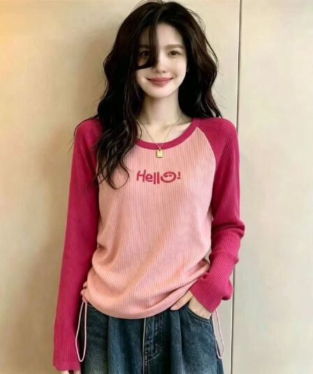 실사 빅 사이즈 이른 가을 아메리칸 삽입 어깨 긴팔 여성 Chic 만나는 인사이드 가져 가라. 펌프 로프 허리 수축 슬림해 보이는 니트 스웨터