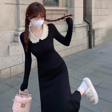 批发孕妇装法式polo领黑色针织长袖连衣裙秋<b class='q'>冬</b>配大衣内搭打底哺乳毛衣