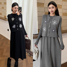 批发孕妇套装秋冬季2025时尚甜美花朵针织哺乳两件套