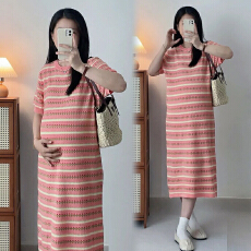 批发孕妇装春<b class='q'>夏季</b>针织提花条纹连衣裙产后潮妈哺乳衣