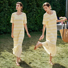 批发孕妇装法式温柔风镂空<b class='q'>条纹</b>针织连衣裙夏新款气质短袖圆领拼接长裙