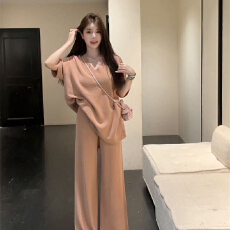 批发孕妇装温柔慵懒风纯色冰丝针织短袖<b class='q'>上衣</b>调节带阔腿裤<b class='q'>哺乳</b><b class='q'>两件套</b>