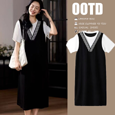 批发孕妇装夏季时尚辣妈圆领假两件冰丝针织中长款哺乳<b class='q'>连衣裙</b>