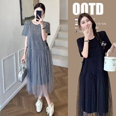 批发孕妇装2026夏季针织网纱拼接时尚款潮妈孕妇连衣裙