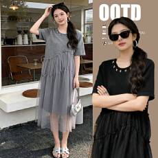 批发实拍 现孕妇装网纱拼接针织钉珠遮肚中长款孕妇哺乳连衣裙