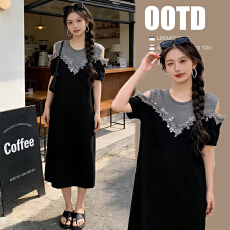 批发实拍 孕妇装2026夏季新款时尚露肩假两件针织孕妇连衣裙