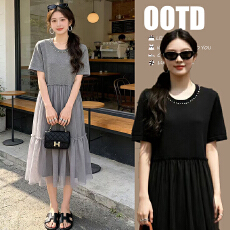 批发实拍 孕妇装夏季新款时尚洋气针织拼接网纱中长款哺乳连衣裙