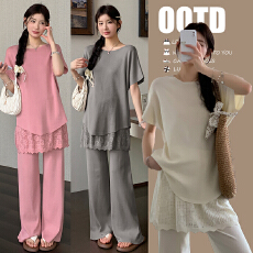 实拍 现夏季大码孕妇套装针织蝙蝠衫拼接屁帘调节带阔腿裤两件套