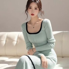 批发孕妇装配大衣内搭打底毛衣裙收腰显瘦气质方领针织哺乳连衣裙