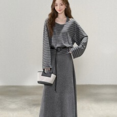 批发<b class='q'>孕妇装</b>秋季包芯纱针织条纹罩衫+背心连衣裙两件套时尚孕哺毛衣
