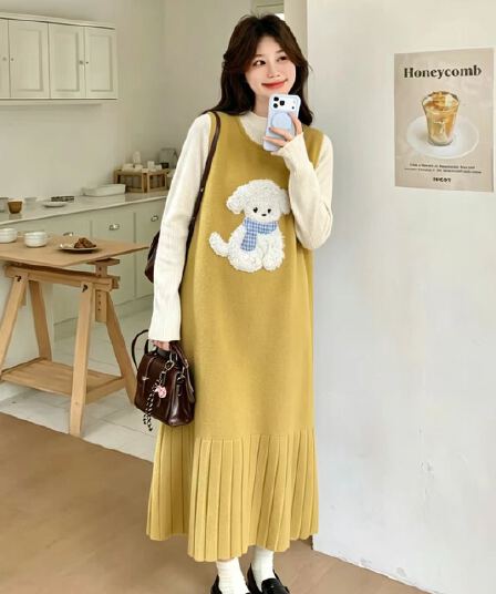 출산 착용 가을 니트 기본 셔츠 만화 조끼 치마 세트 패션 매운맛 엄마 나가라. 수유 투피스 세트