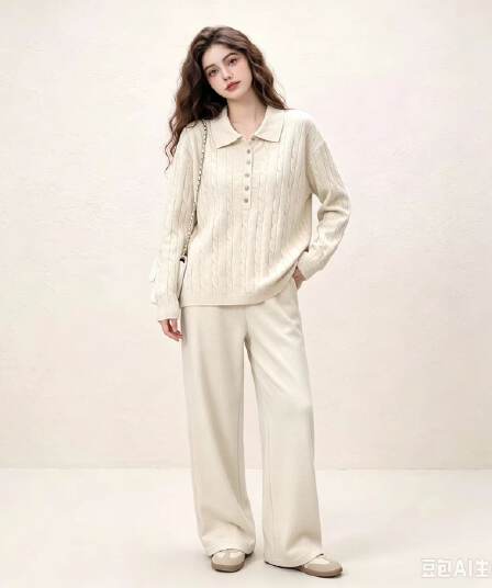 가을 미니멀리즘 POLO 칼라 마 무늬 풀오버 니트 스웨터 세트 루즈핏 슬림해 보이는 매운맛 엄마 수유 투피스 세트